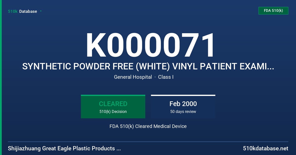 K000071 SYNTHETIC POWDER FREE (WHITE) VINYL PATIENT EXAMINATION GLOVES FDA 510(k) Cleared Medical Device