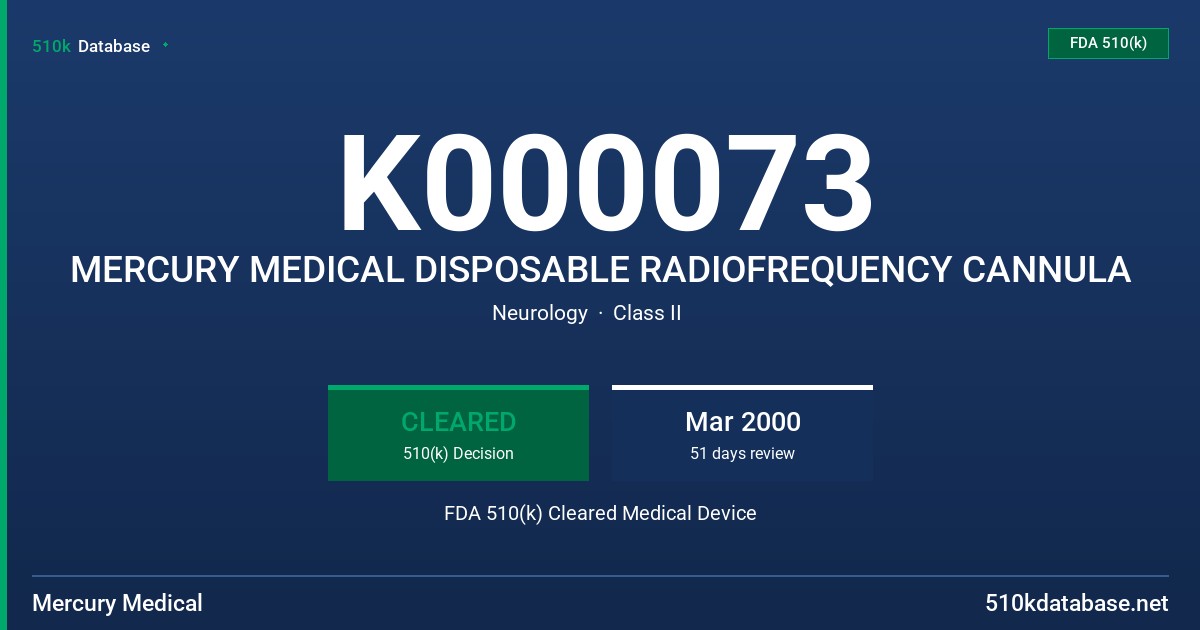 K000073 MERCURY MEDICAL DISPOSABLE RADIOFREQUENCY CANNULA FDA 510(k) Cleared Medical Device