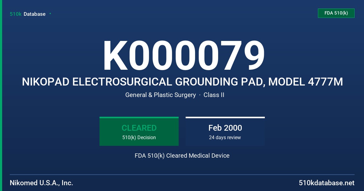K000079 NIKOPAD ELECTROSURGICAL GROUNDING PAD, MODEL 4777M FDA 510(k) Cleared Medical Device