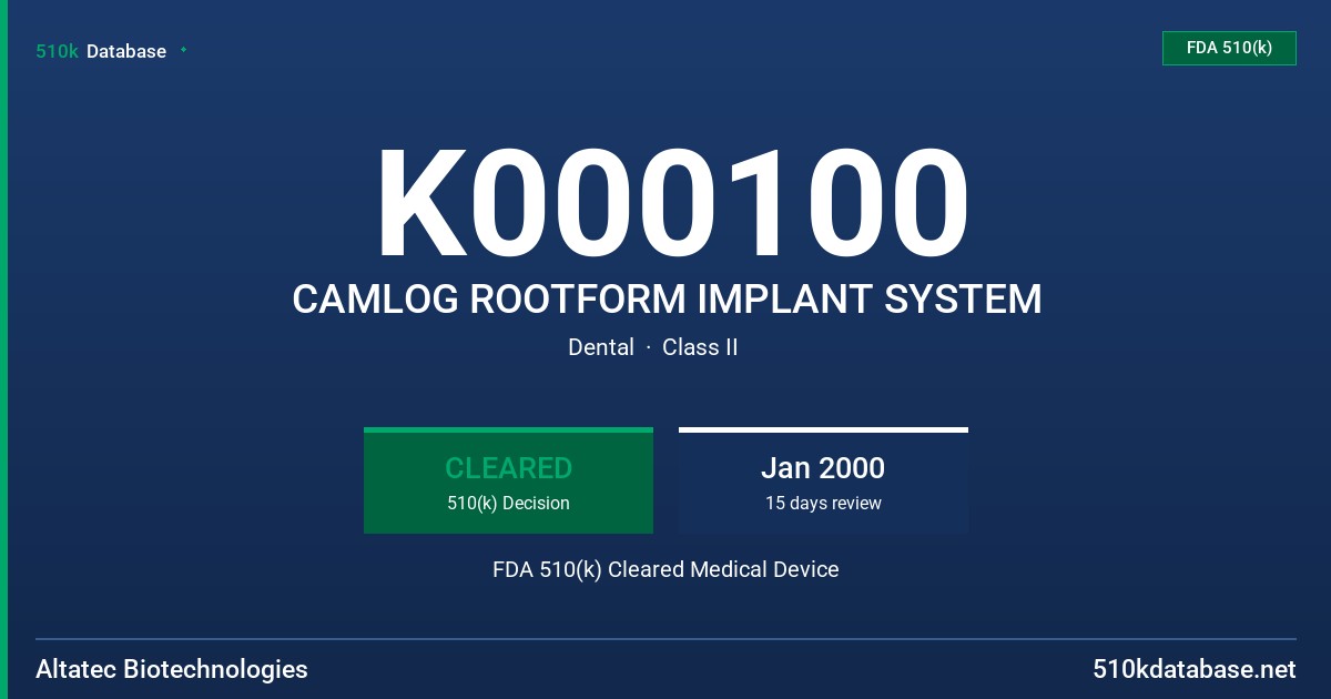 K000100 CAMLOG ROOTFORM IMPLANT SYSTEM FDA 510(k) Cleared Medical Device