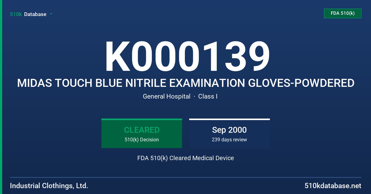 K000139 MIDAS TOUCH BLUE NITRILE EXAMINATION GLOVES-POWDERED FDA 510(k) Cleared Medical Device