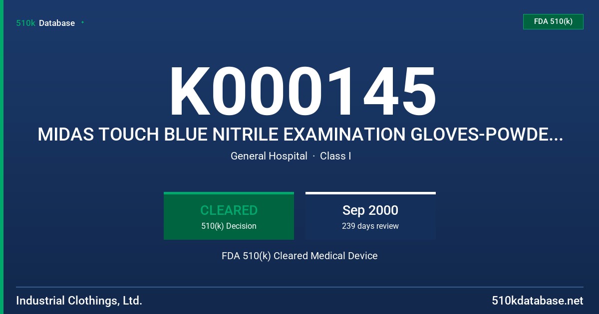 K000145 MIDAS TOUCH BLUE NITRILE EXAMINATION GLOVES-POWDER FREE FDA 510(k) Cleared Medical Device