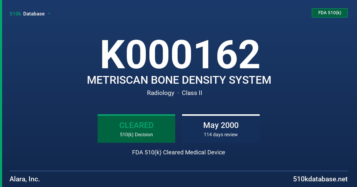K000162 METRISCAN BONE DENSITY SYSTEM FDA 510(k) Cleared Medical Device