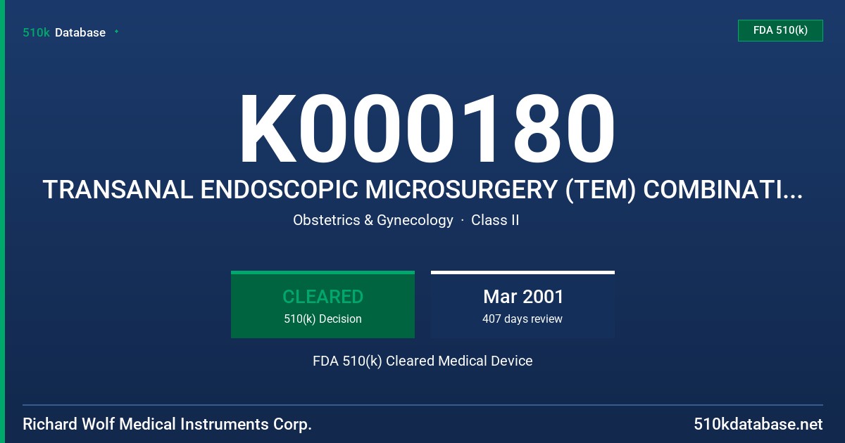 K000180 TRANSANAL ENDOSCOPIC MICROSURGERY (TEM) COMBINATION SYSTEM AND INSTRUMENT SET, INSTRUMENT SET FOR THE TRANSANAL ENDOSCOP FDA 510(k) Cleared Medical Device