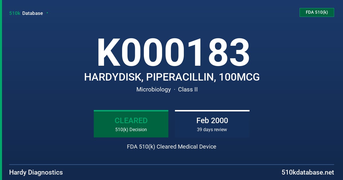 K000183 HARDYDISK, PIPERACILLIN, 100MCG FDA 510(k) Cleared Medical Device