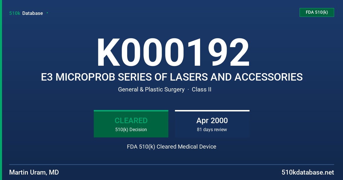 K000192 E3 MICROPROB SERIES OF LASERS AND ACCESSORIES FDA 510(k) Cleared Medical Device