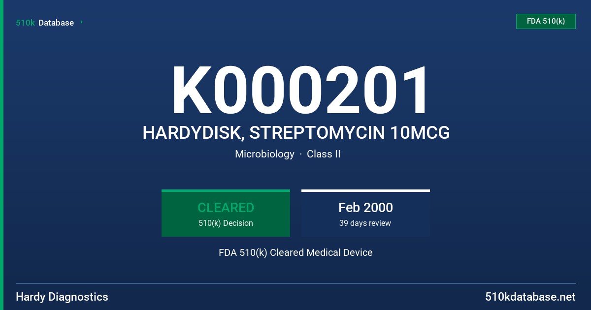 K000201 HARDYDISK, STREPTOMYCIN 10MCG FDA 510(k) Cleared Medical Device
