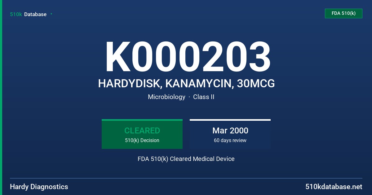 K000203 HARDYDISK, KANAMYCIN, 30MCG FDA 510(k) Cleared Medical Device