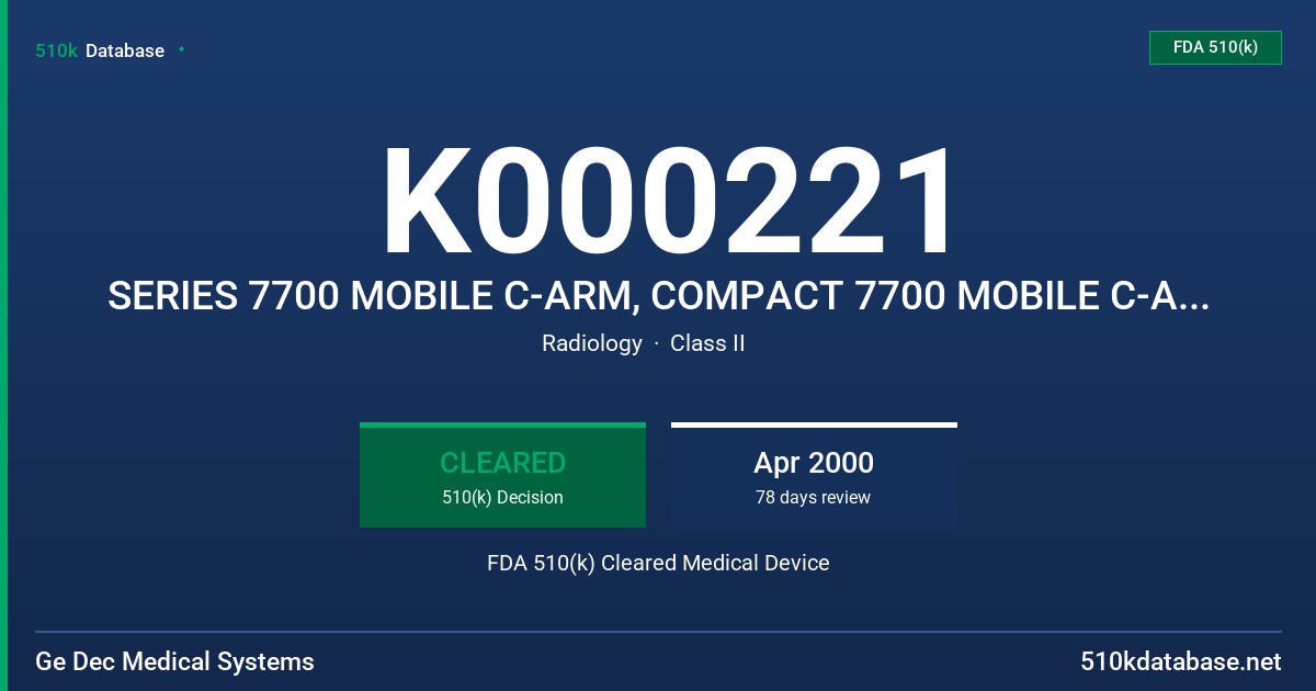 K000221 SERIES 7700 MOBILE C-ARM, COMPACT 7700 MOBILE C-ARM, COMPACT 7700 PLUS MOBILE C-ARM FDA 510(k) Cleared Medical Device