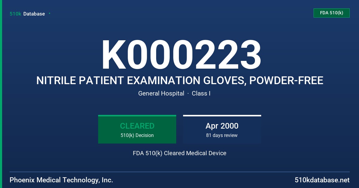 K000223 NITRILE PATIENT EXAMINATION GLOVES, POWDER-FREE FDA 510(k) Cleared Medical Device