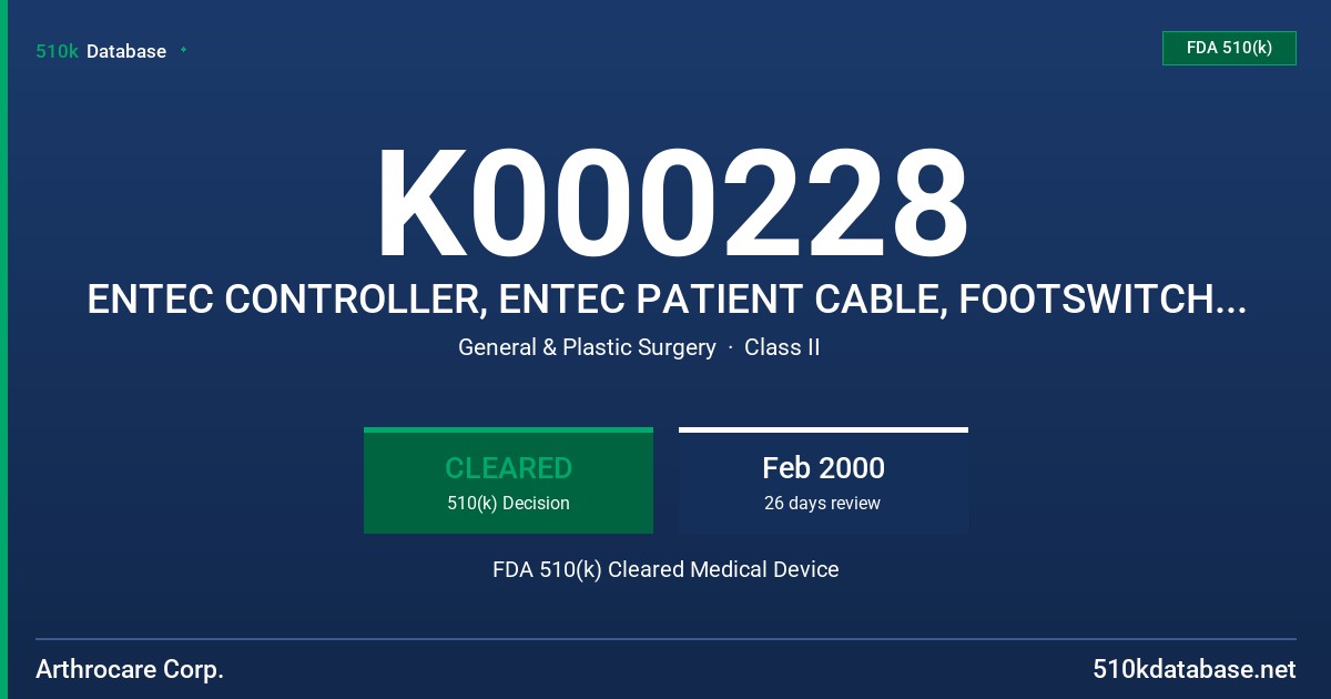 K000228 ENTEC CONTROLLER, ENTEC PATIENT CABLE, FOOTSWITCH, POWERCORD, PLASMA WAND FDA 510(k) Cleared Medical Device