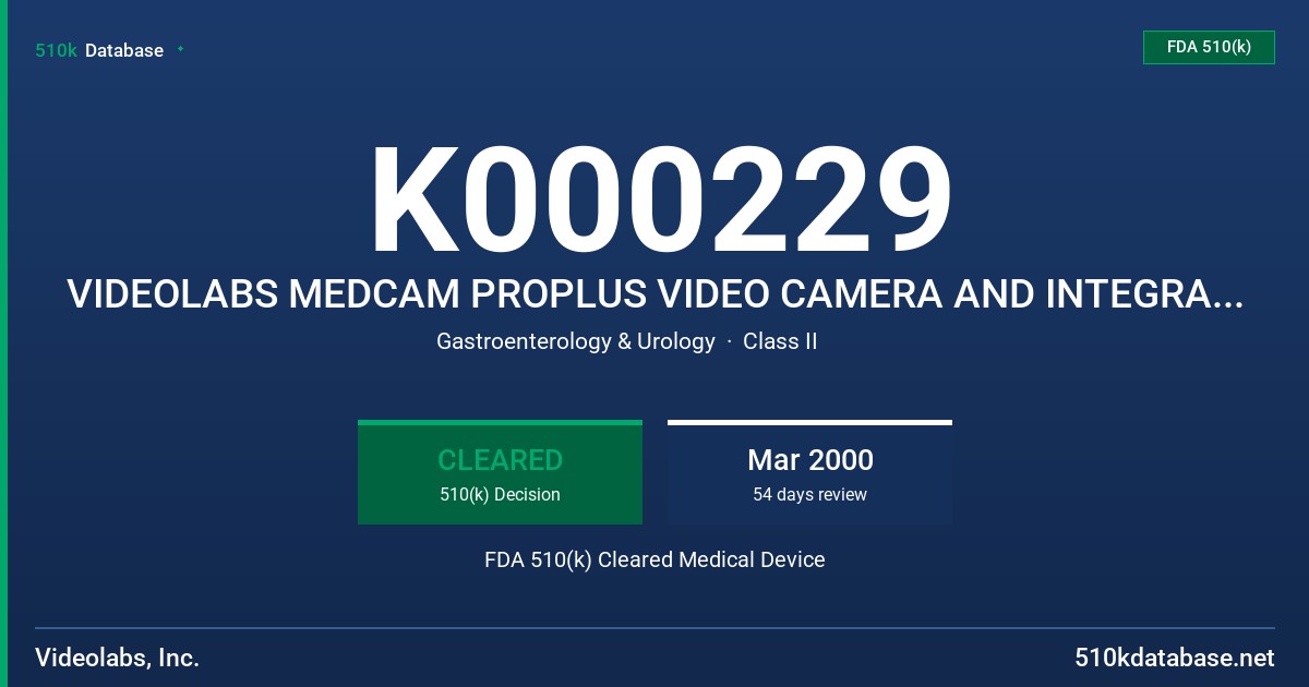 K000229 VIDEOLABS MEDCAM PROPLUS VIDEO CAMERA AND INTEGRAL LIGHT SOURCE FDA 510(k) Cleared Medical Device