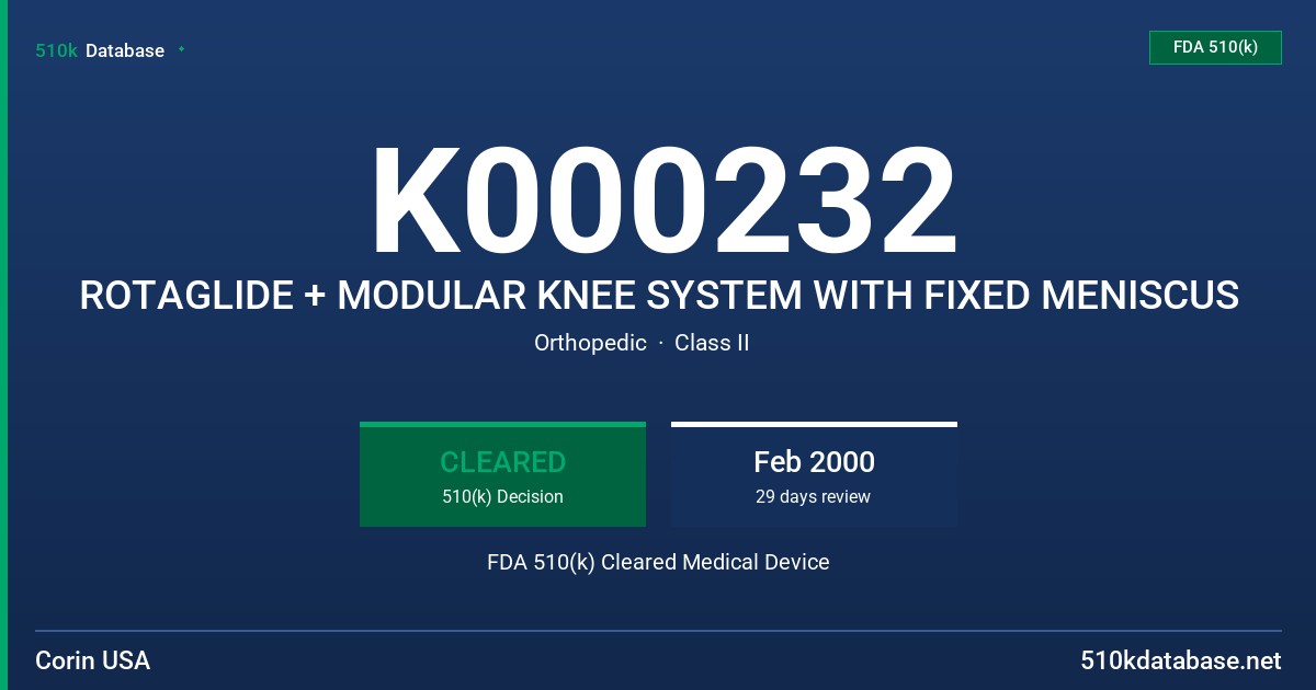 K000232 ROTAGLIDE + MODULAR KNEE SYSTEM WITH FIXED MENISCUS FDA 510(k) Cleared Medical Device