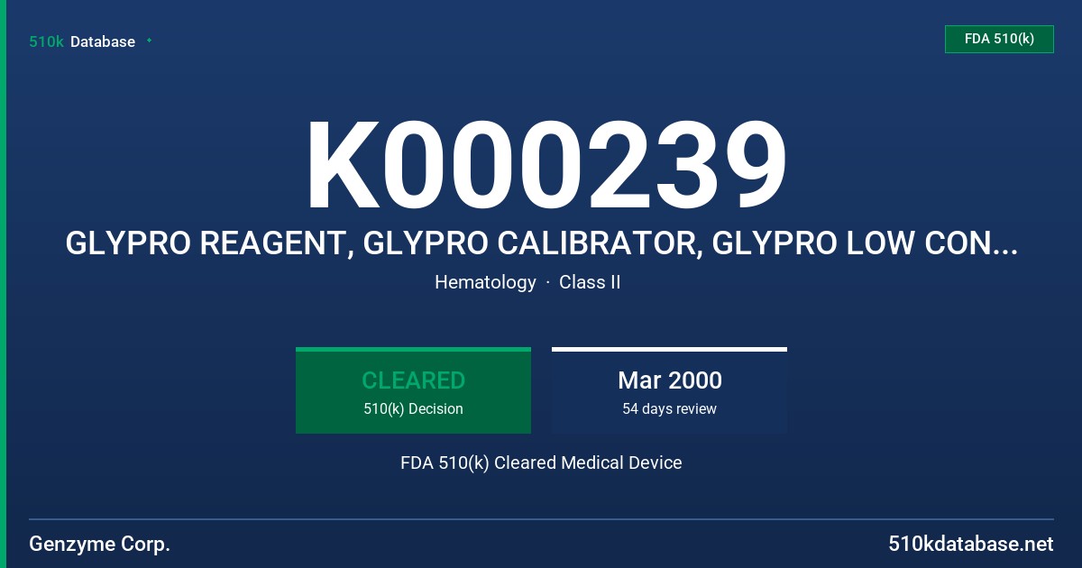 K000239 GLYPRO REAGENT, GLYPRO CALIBRATOR, GLYPRO LOW CONTROL, GLYPRO HIGH CONTROL FDA 510(k) Cleared Medical Device