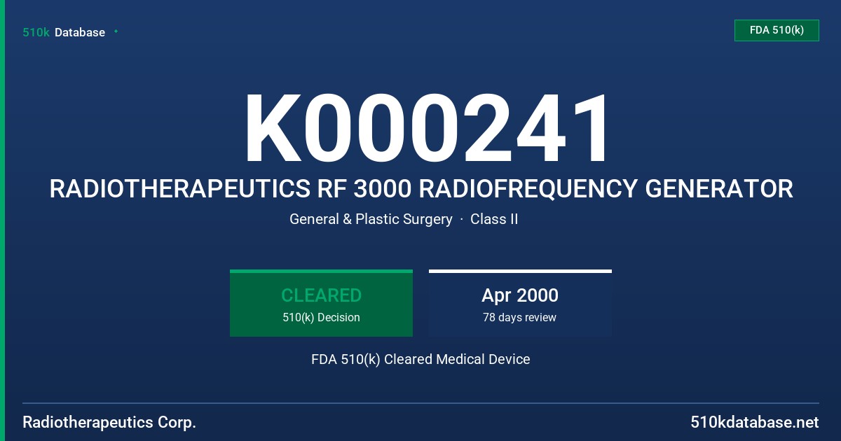 K000241 RADIOTHERAPEUTICS RF 3000 RADIOFREQUENCY GENERATOR FDA 510(k) Cleared Medical Device