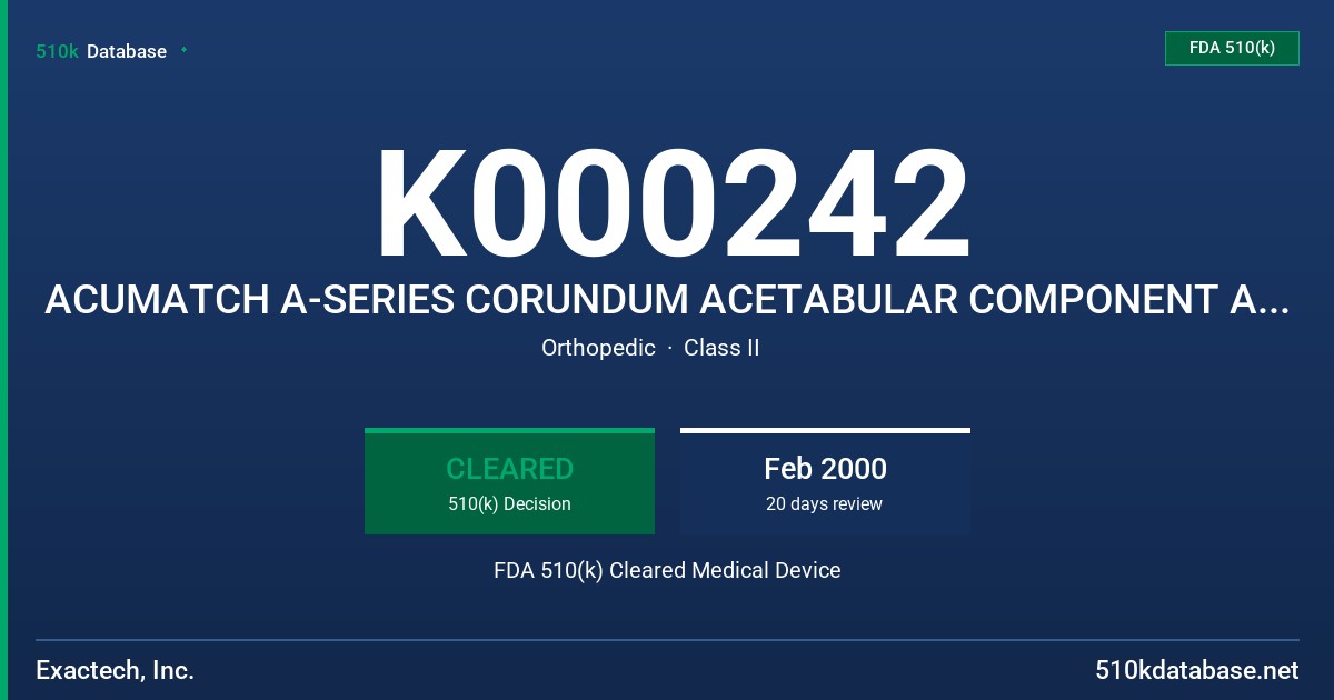 K000242 ACUMATCH A-SERIES CORUNDUM ACETABULAR COMPONENT AND ACUMATCH A-SERIES CORUNDUM ACETABULAR COMPONENT WITH HYDROXYAPATITE FDA 510(k) Cleared Medical Device