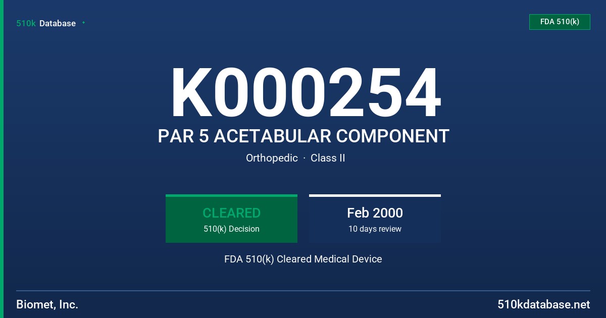 K000254 PAR 5 ACETABULAR COMPONENT FDA 510(k) Cleared Medical Device