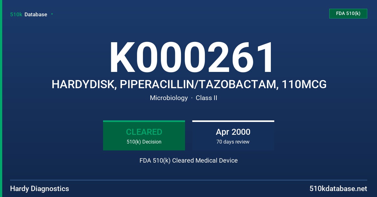 K000261 HARDYDISK, PIPERACILLIN/TAZOBACTAM, 110MCG FDA 510(k) Cleared Medical Device