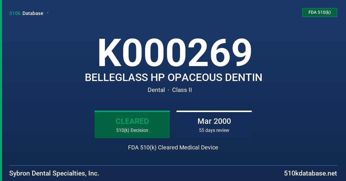 K000269 BELLEGLASS HP OPACEOUS DENTIN FDA 510(k) Cleared Medical Device