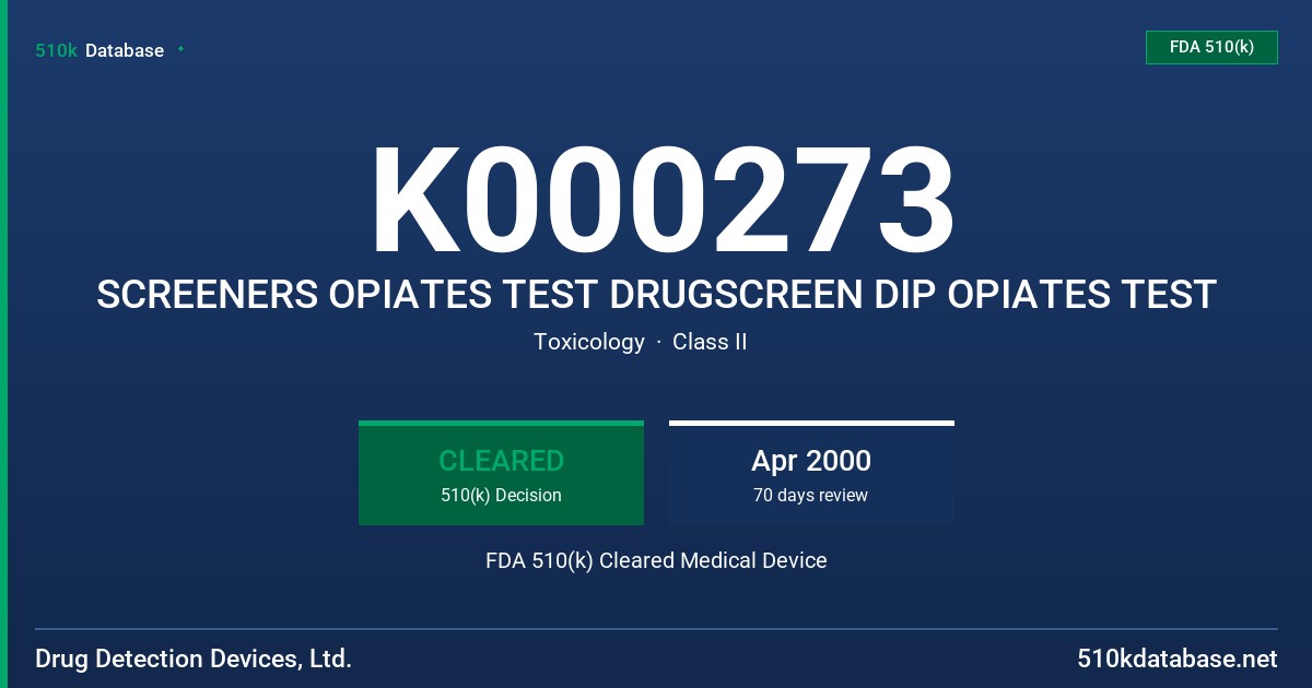 K000273 SCREENERS OPIATES TEST DRUGSCREEN DIP OPIATES TEST FDA 510(k) Cleared Medical Device