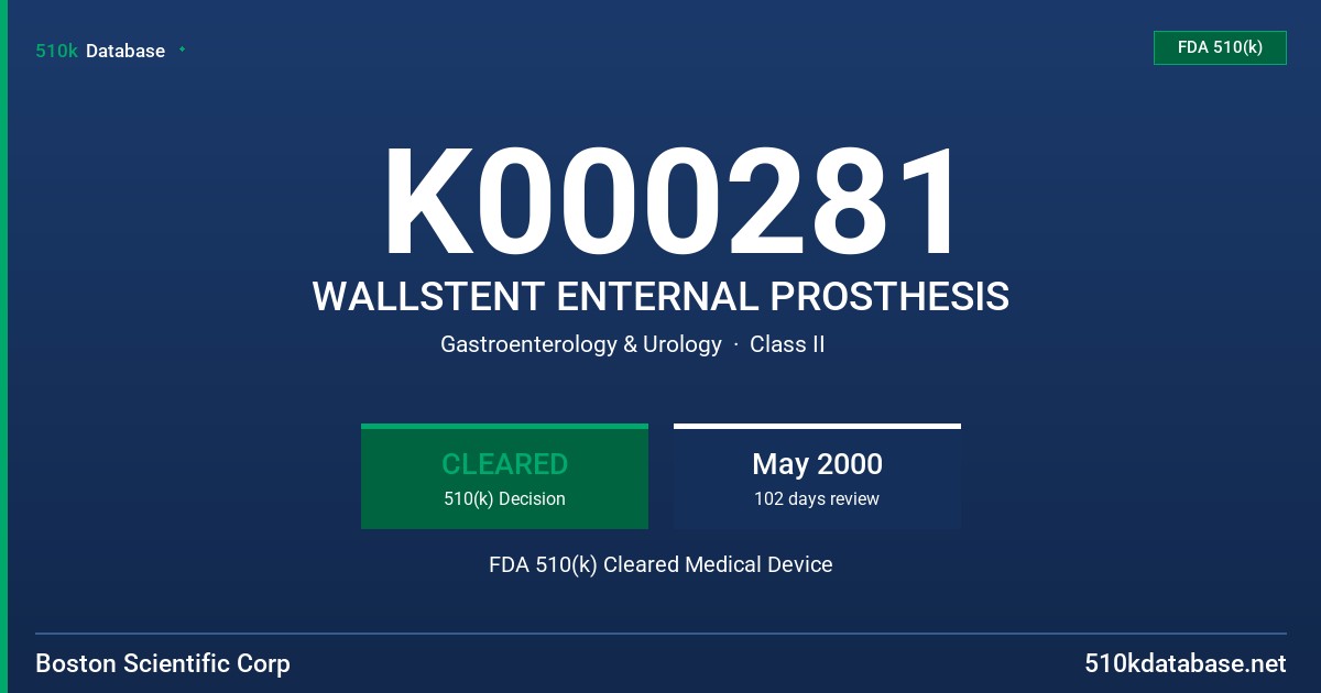 K000281 WALLSTENT ENTERNAL PROSTHESIS FDA 510(k) Cleared Medical Device