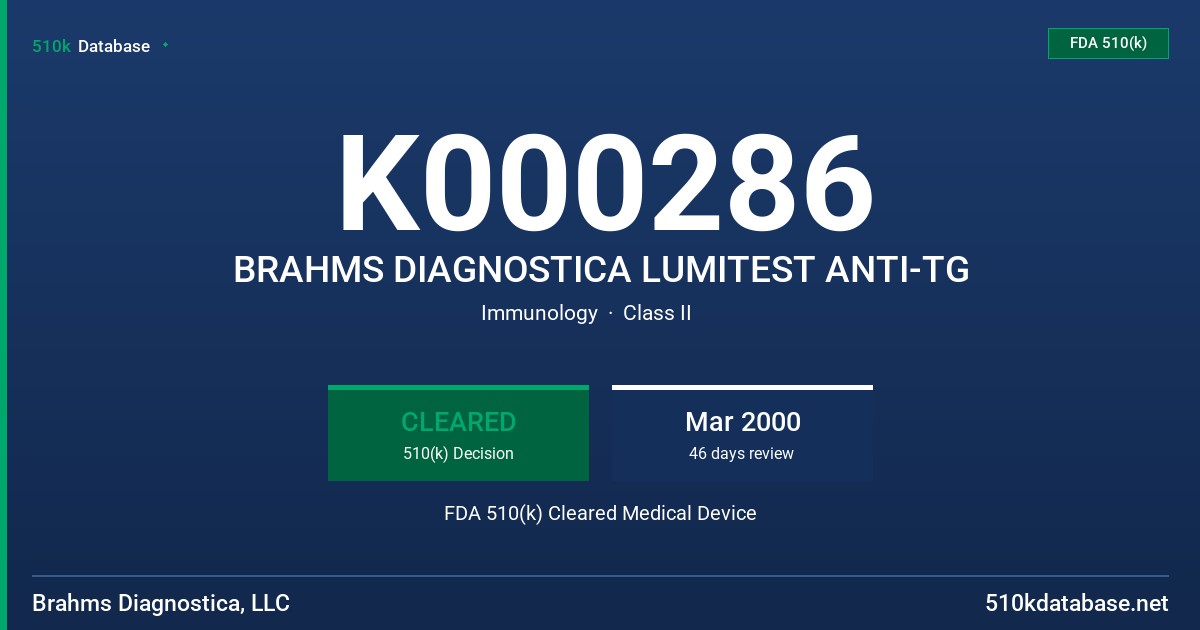 K000286 BRAHMS DIAGNOSTICA LUMITEST ANTI-TG FDA 510(k) Cleared Medical Device