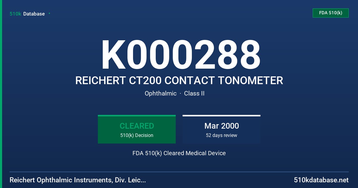 K000288 REICHERT CT200 CONTACT TONOMETER FDA 510(k) Cleared Medical Device