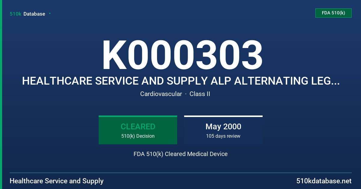 K000303 HEALTHCARE SERVICE AND SUPPLY ALP ALTERNATING LEG PRESSURE PUMP AND GARMENTS FOR THE LIMB FDA 510(k) Cleared Medical Device