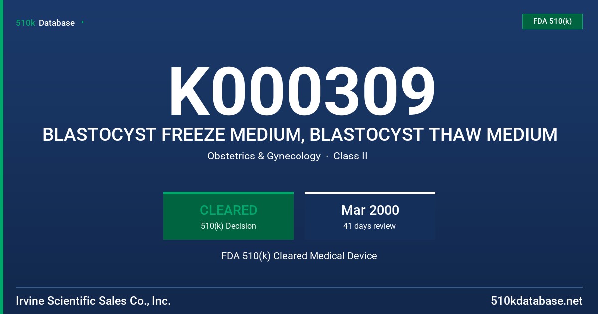 K000309 BLASTOCYST FREEZE MEDIUM, BLASTOCYST THAW MEDIUM FDA 510(k) Cleared Medical Device