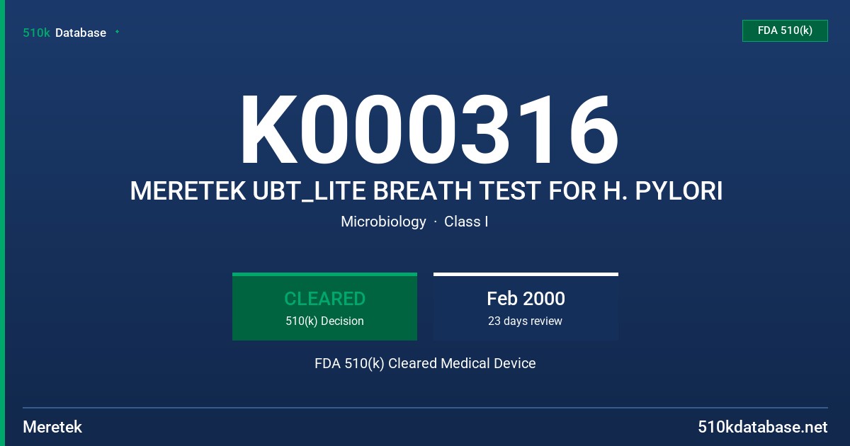 K000316 MERETEK UBT_LITE BREATH TEST FOR H. PYLORI FDA 510(k) Cleared Medical Device