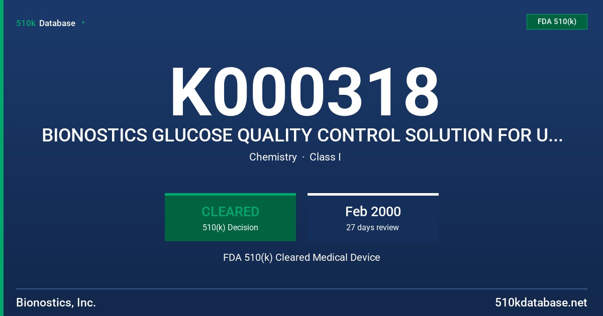 K000318 BIONOSTICS GLUCOSE QUALITY CONTROL SOLUTION FOR USE WITH THE FASTTAKE COMPACT BLOOD GLUCOSE MONITORING SYSTEM FDA 510(k) Cleared Medical Device