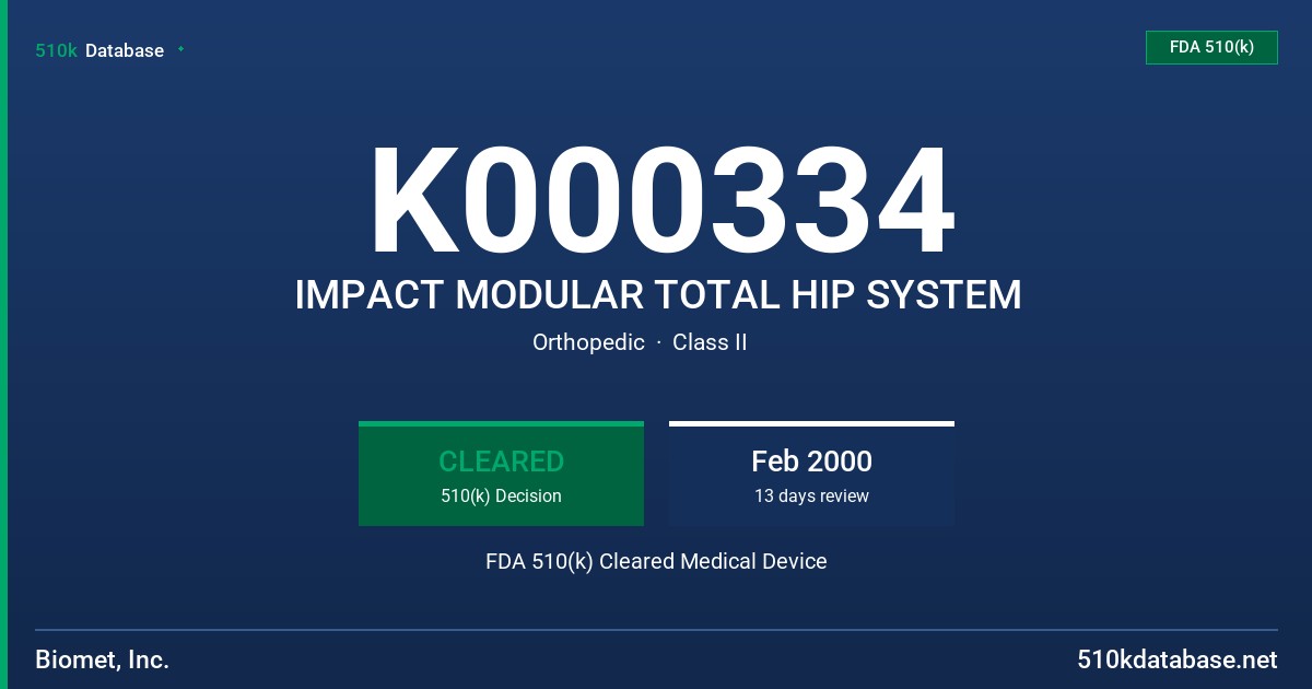 K000334 IMPACT MODULAR TOTAL HIP SYSTEM FDA 510(k) Cleared Medical Device