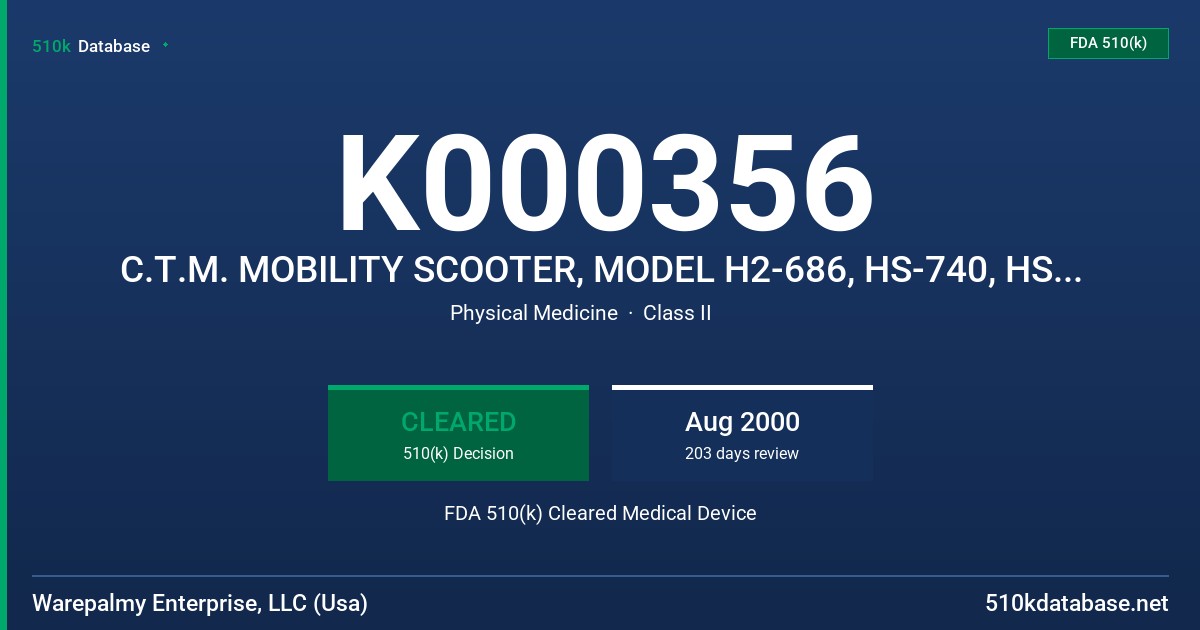 K000356 C.T.M. MOBILITY SCOOTER, MODEL H2-686, HS-740, HS-580 FDA 510(k) Cleared Medical Device