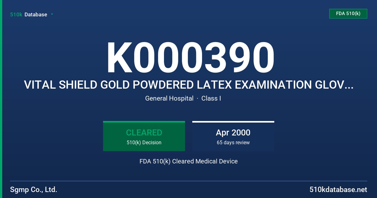 K000390 VITAL SHIELD GOLD POWDERED LATEX EXAMINATION GLOVES WITH PROTEIN CONTENT LABELING CLAIM (200 MICROGRAMS OR LESS) FDA 510(k) Cleared Medical Device