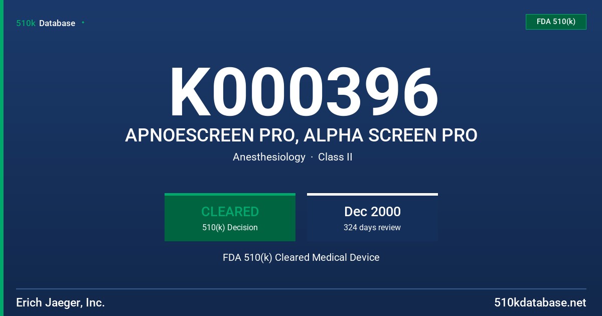 K000396 APNOESCREEN PRO, ALPHA SCREEN PRO FDA 510(k) Cleared Medical Device