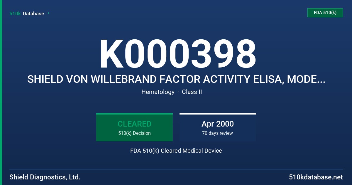 K000398 SHIELD VON WILLEBRAND FACTOR ACTIVITY ELISA, MODEL FVWF 200 FDA 510(k) Cleared Medical Device