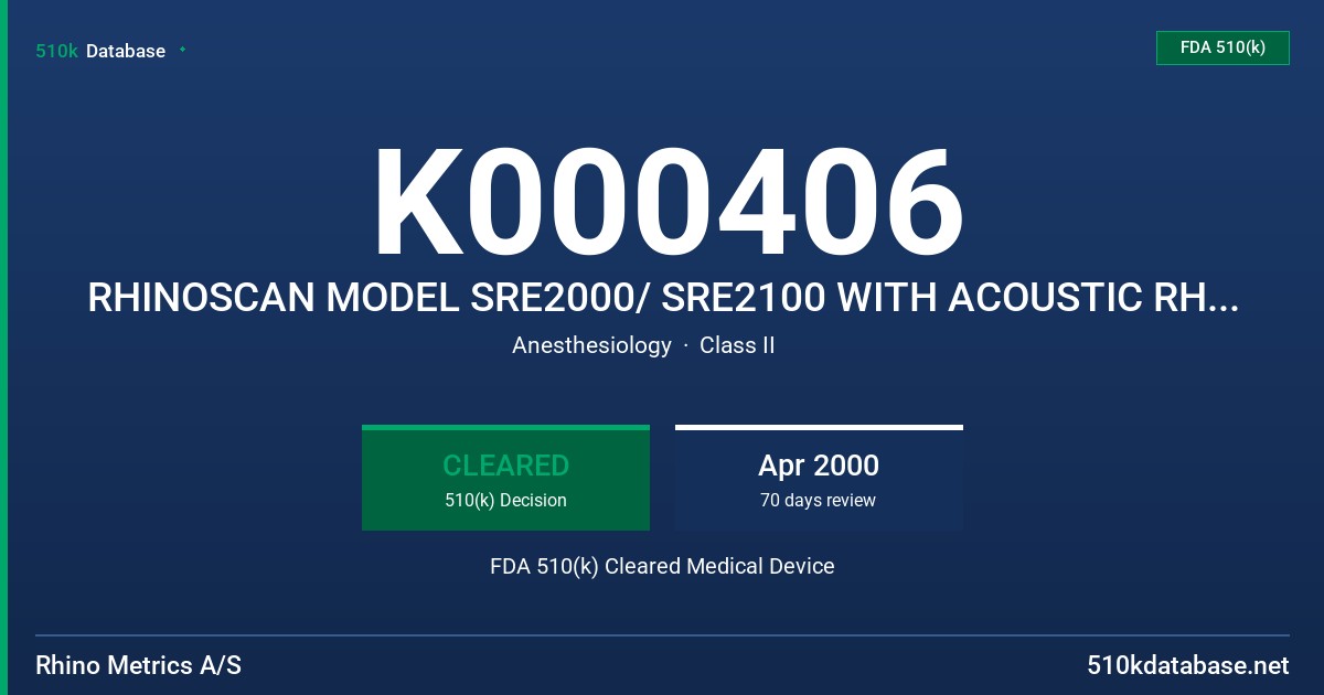 K000406 RHINOSCAN MODEL SRE2000/ SRE2100 WITH ACOUSTIC RHINOMETRY MODULE FDA 510(k) Cleared Medical Device