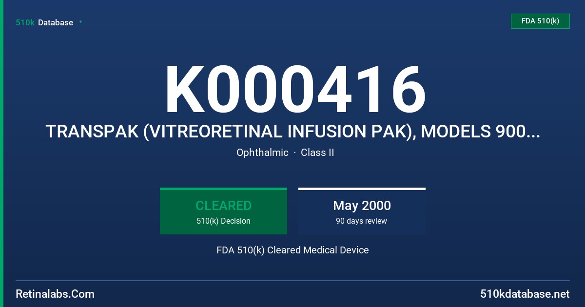 K000416 TRANSPAK (VITREORETINAL INFUSION PAK), MODELS 90000, 90001 FDA 510(k) Cleared Medical Device