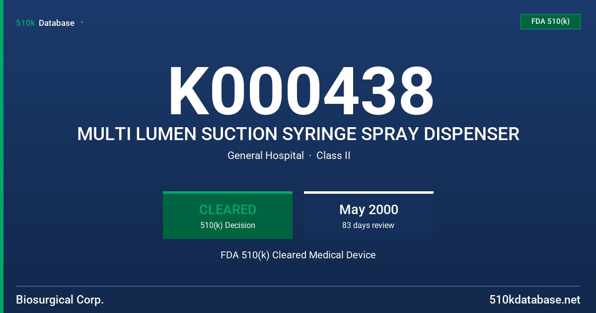 K000438 MULTI LUMEN SUCTION SYRINGE SPRAY DISPENSER FDA 510(k) Cleared Medical Device