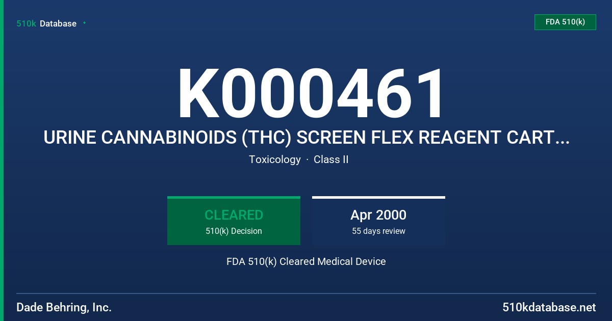 K000461 URINE CANNABINOIDS (THC) SCREEN FLEX REAGENT CARTRIDGE, CATALOG NO. DF 95A FDA 510(k) Cleared Medical Device