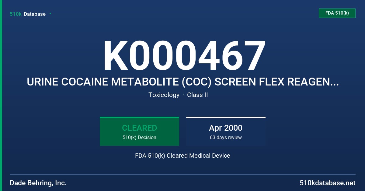K000467 URINE COCAINE METABOLITE (COC) SCREEN FLEX REAGENT CARTRIDGE, CATALOG NO. DF 92A FDA 510(k) Cleared Medical Device