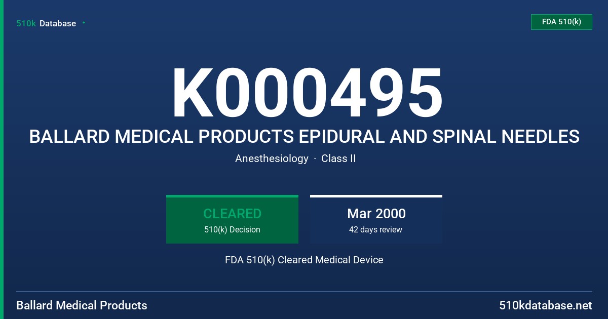 K000495 BALLARD MEDICAL PRODUCTS EPIDURAL AND SPINAL NEEDLES FDA 510(k) Cleared Medical Device