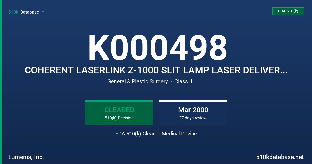 K000498 COHERENT LASERLINK Z-1000 SLIT LAMP LASER DELIVERY ADAPTER FDA 510(k) Cleared Medical Device