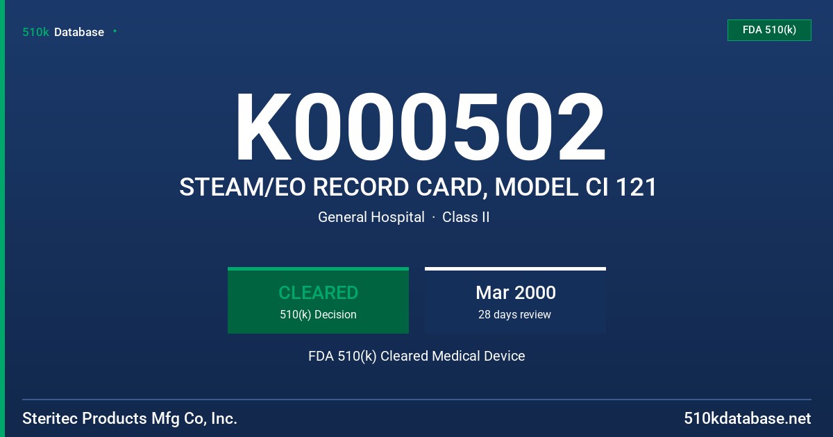 K000502 STEAM/EO RECORD CARD, MODEL CI 121 FDA 510(k) Cleared Medical Device