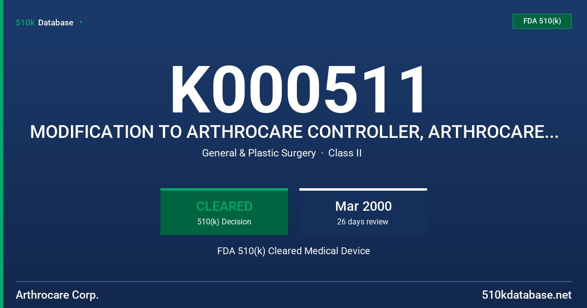 K000511 MODIFICATION TO ARTHROCARE CONTROLLER, ARTHROCARE CABLE, FOOTSWITCH, POWERCORD, ARTHROWANDS AND SPINE WANDS FDA 510(k) Cleared Medical Device