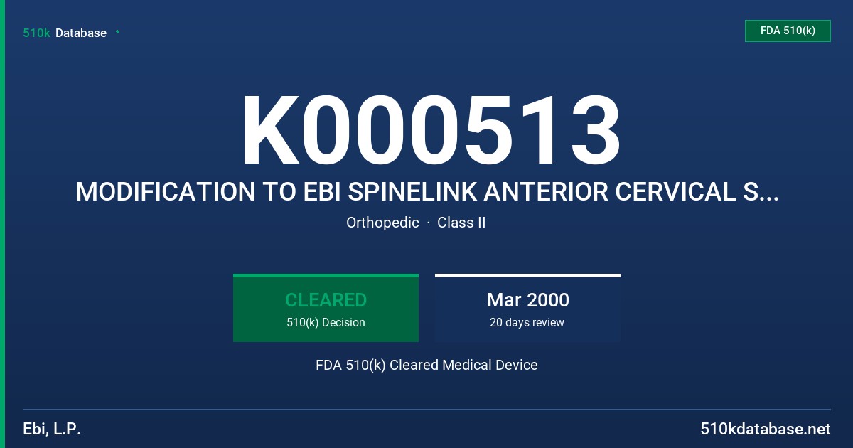 K000513 MODIFICATION TO EBI SPINELINK ANTERIOR CERVICAL SPINAL SYSTEM FDA 510(k) Cleared Medical Device