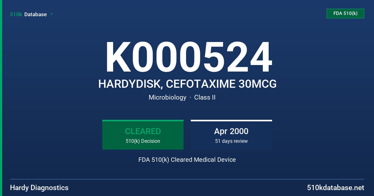 K000524 HARDYDISK, CEFOTAXIME 30MCG FDA 510(k) Cleared Medical Device