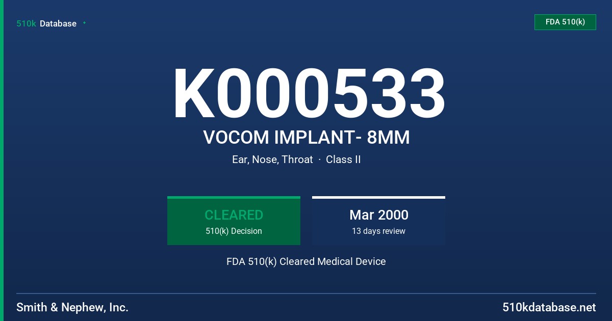 K000533 VOCOM IMPLANT- 8MM FDA 510(k) Cleared Medical Device