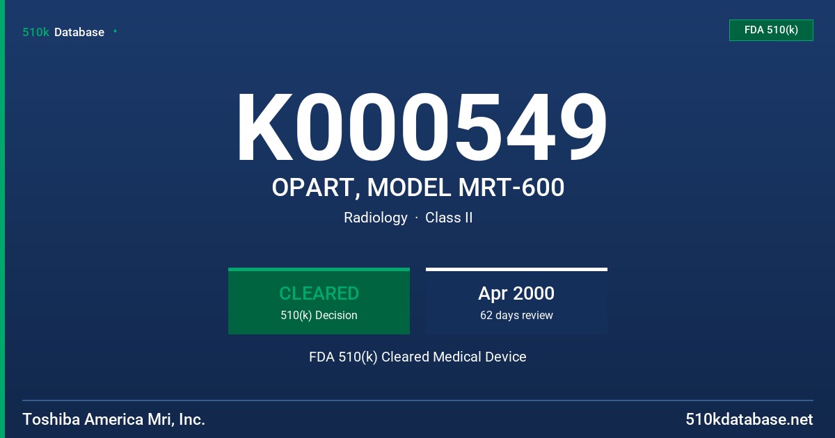 K000549 OPART, MODEL MRT-600 FDA 510(k) Cleared Medical Device