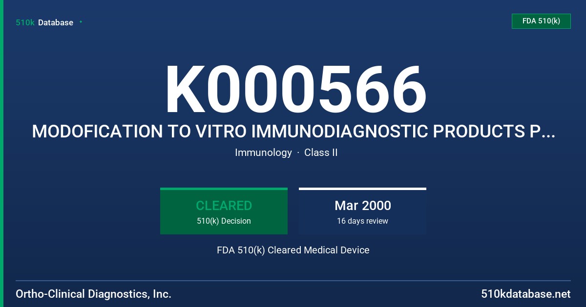 K000566 MODOFICATION TO VITRO IMMUNODIAGNOSTIC PRODUCTS PSA REAGENT PACK, VITRO IMMUNODIAGNOSTIC PRODUCTS PSA CALIBRATORS FDA 510(k) Cleared Medical Device